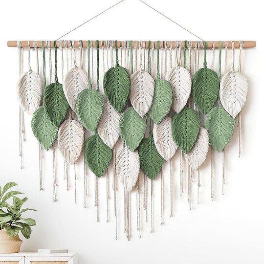 Greentek; Large Macrame Wall Hanging Boho Leaf Tapestry, Handmade Woven Wall Decor, Chic Bohemian Wall Art for Bedroom, Living Room, Nursery, or Office, 39"W x 29.5"L; Category:Wall Art; Image:1